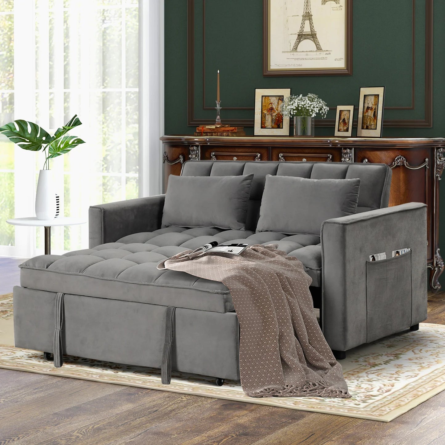The House Of Bonney EBELLO 3-In-1 Velvet Convertible Sofa Bed – Modern Space-Saving Double Sleeper With Pillows