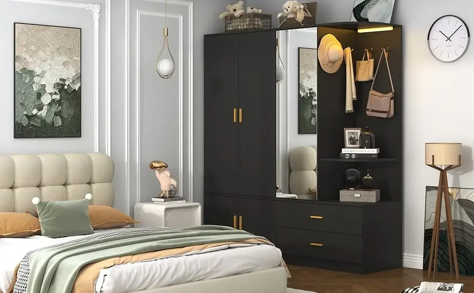 LUMINA Wardrobe – 5-Door Modern Armoire with Sensor Lighting, Acrylic Mirror & Luxe Storage