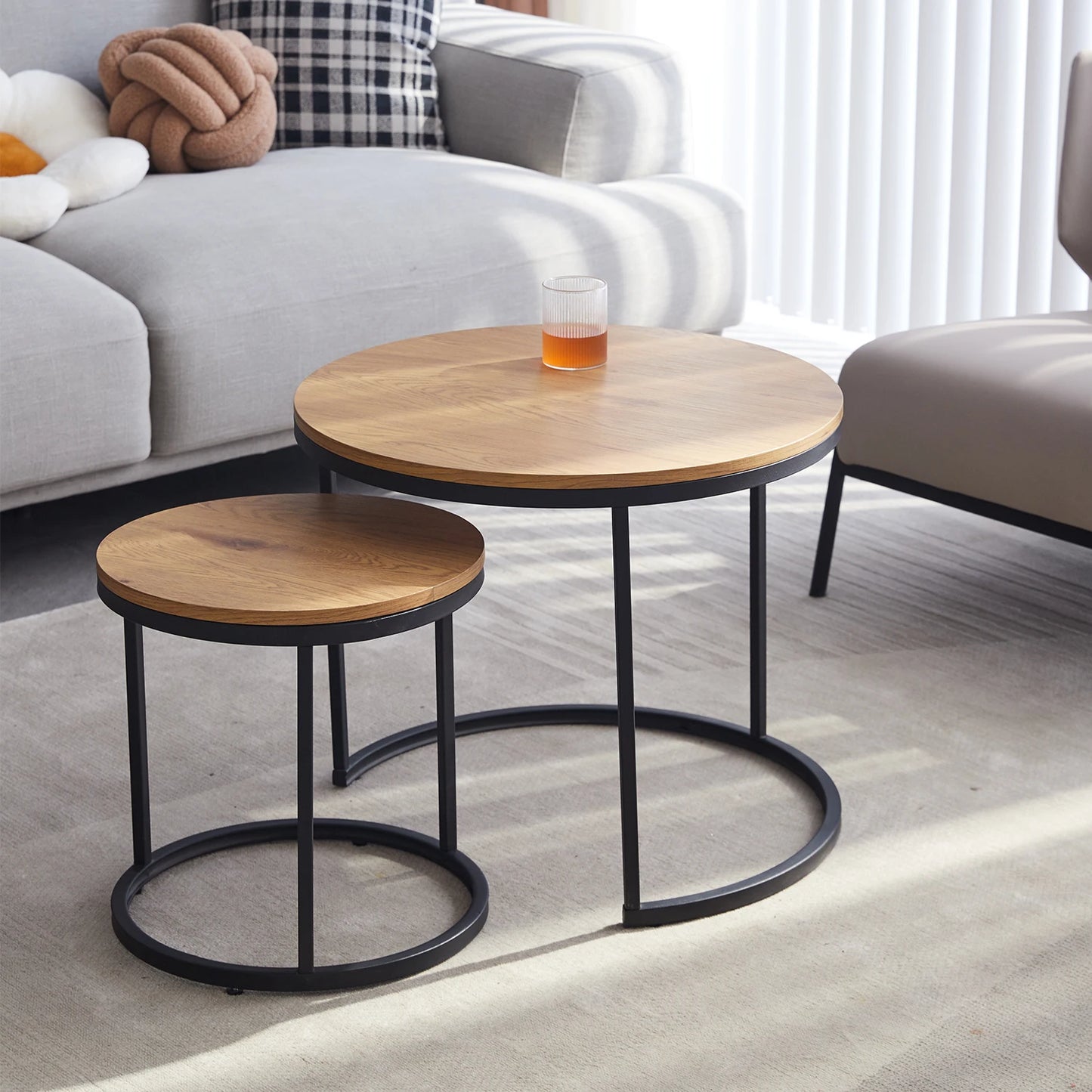 Maison Dualité: Nordic Round Nesting Coffee Table Set – Sculpted Elegance for Modern Interiors (2-in-1 Combo)