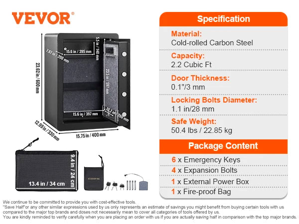 Vevor Échelon Luxe Security Safe — 2.2/1.8 Cu Ft Fingerprint & Digital Safe with Fire-Proof Protection