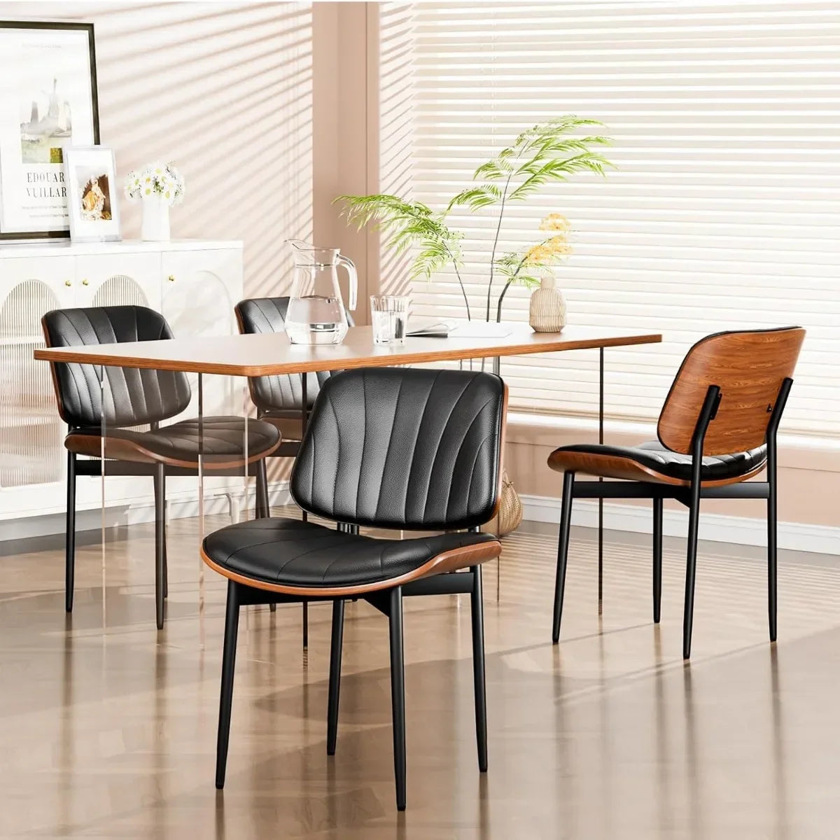 Mid-Century Modern Dining Chairs Set of 2 - Upholstered PU Leather with Walnut Backrest & Adjustable Metal Legs