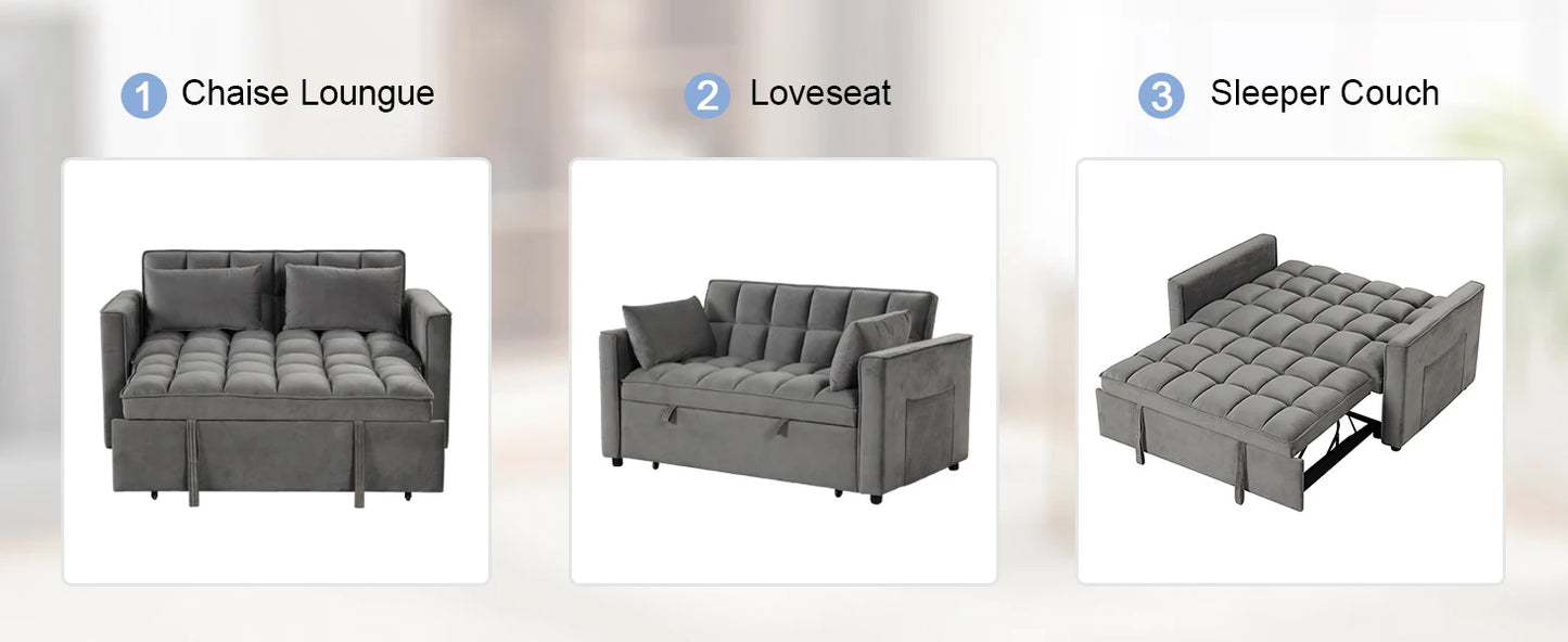 The House Of Bonney EBELLO 3-In-1 Velvet Convertible Sofa Bed – Modern Space-Saving Double Sleeper With Pillows