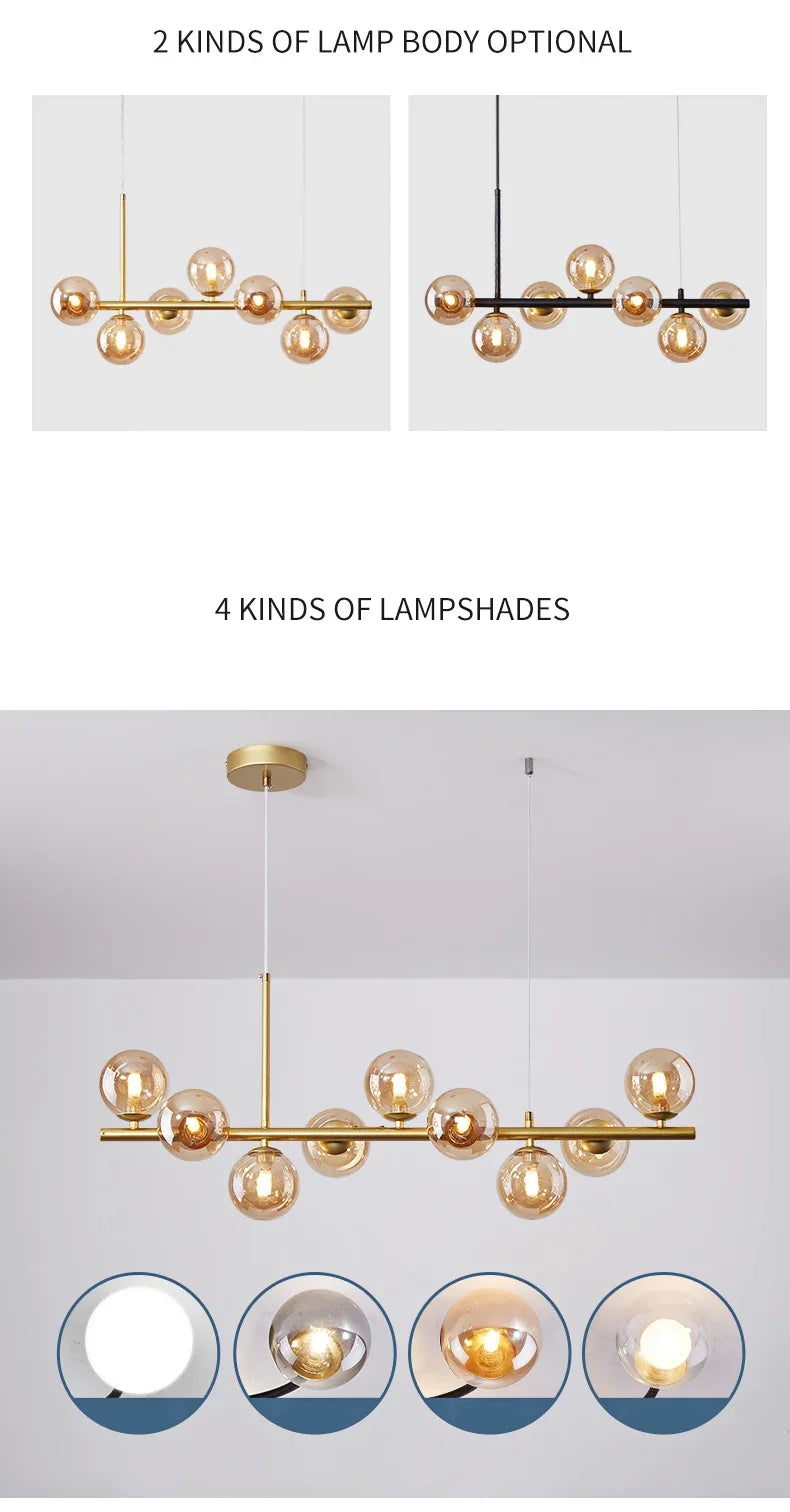 Modern Glass Ball Ceiling Chandelier | Elegant Golden Black Pendant Light For Dining Room, Kitchen Island & Living Spaces