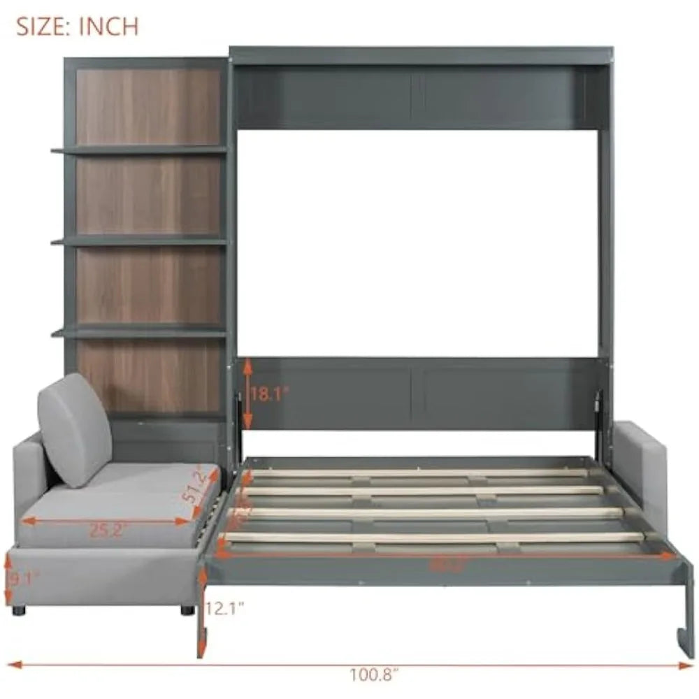 Harper Queen Convertible Wall Bed — Murphy Bed + Sofa With Storage Shelves (Gray)