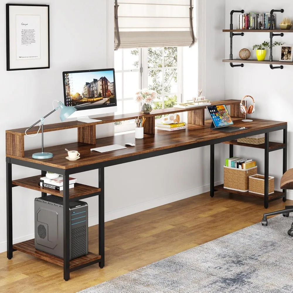 The Align Studio // Dual Monitor Luxe Workstation – 2-Person Industrial Desk with Shelves & Elevated Flow