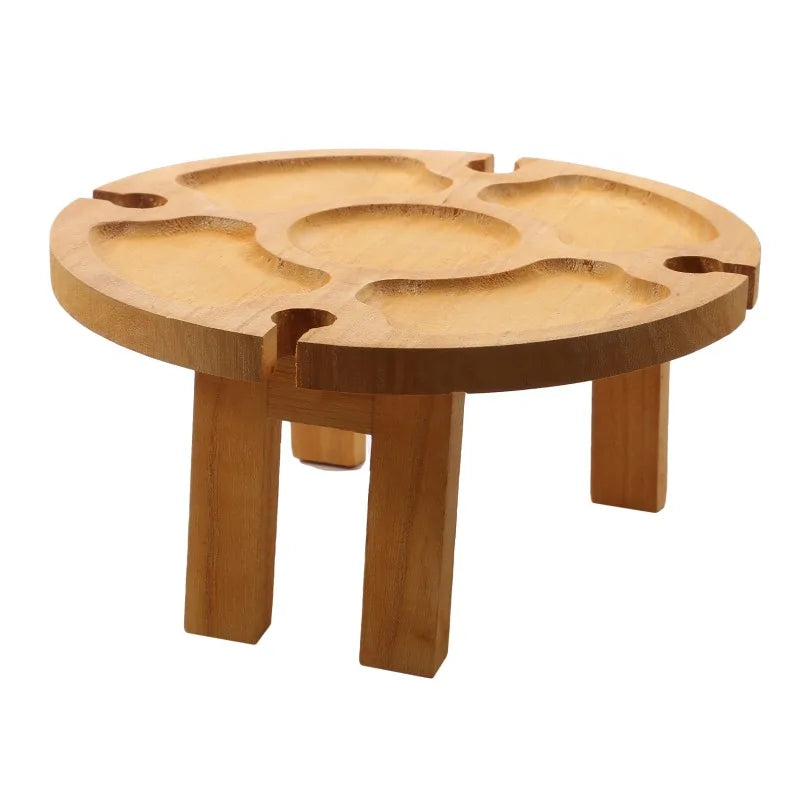ChâteauEase Bamboo Folding Wine & Snack Table | 2-in-1 Round Picnic Tray With Glass Holder for Garden & Outdoor Gatherings
