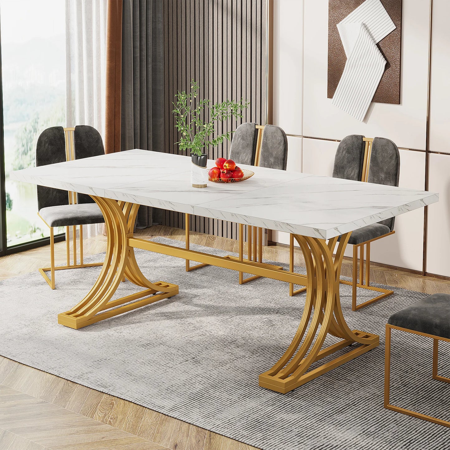 63-Inch Modern Rectangular Dining Table – Faux Marble Top with Gold Metal Legs, Seats 4-6, Stylish Dining Table for Home or Office