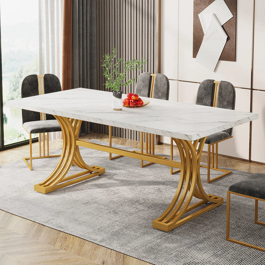 63-Inch Modern Rectangular Dining Table – Faux Marble Top with Gold Metal Legs, Seats 4-6, Stylish Dining Table for Home or Office