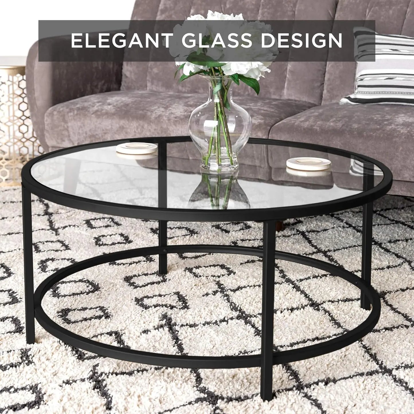 The House Of Bonney Sleek Modern Tempered Glass Round Coffee Table – Stylish Accent for Living Spaces