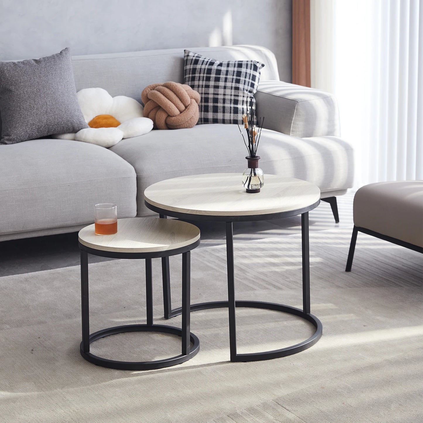 Maison Dualité: Nordic Round Nesting Coffee Table Set – Sculpted Elegance for Modern Interiors (2-in-1 Combo)