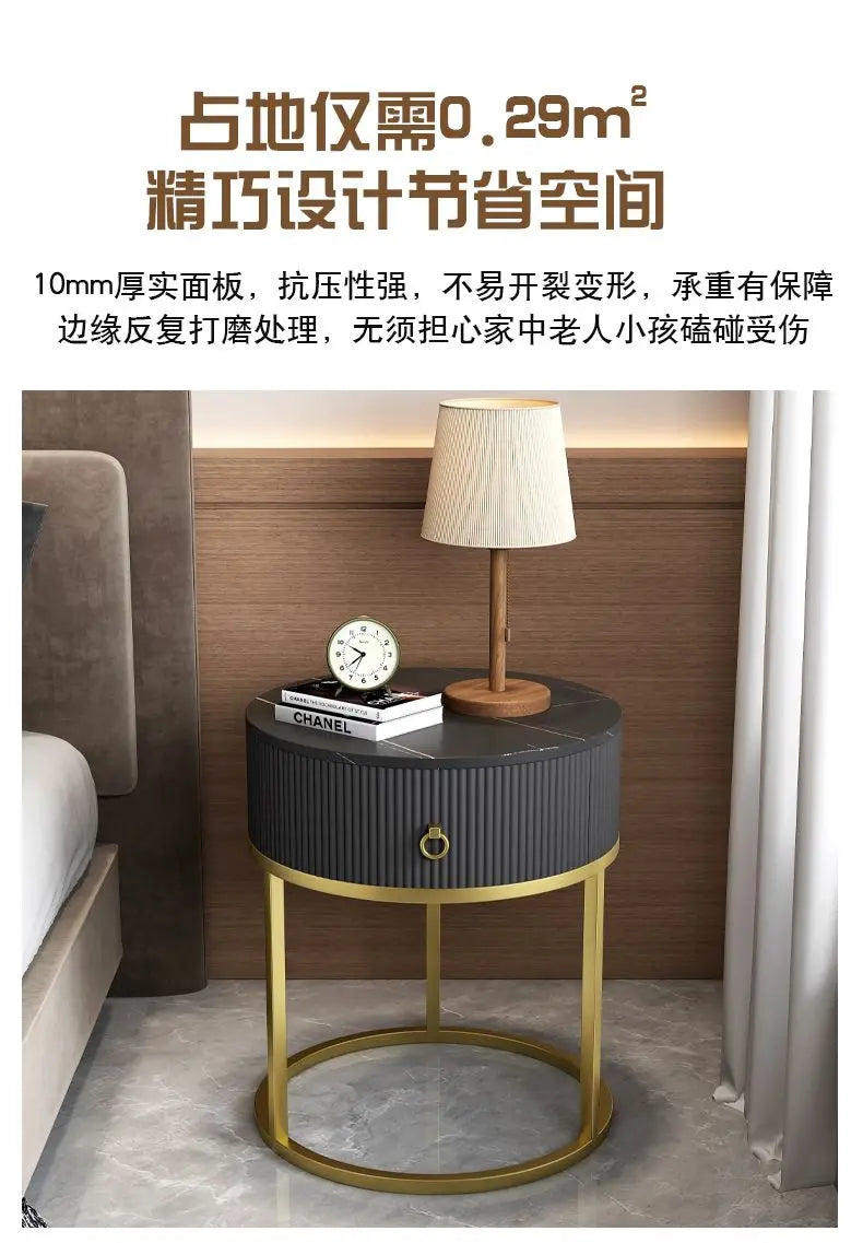 CelesteRound Modern Slate Nightstand – Minimalist Luxury Metal Side Table with Drawer for Bedroom & Living Elegance