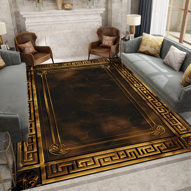 MidnightGold Luxe Flannel Area Rug – Modern Black & Gold Geometric Carpet for Living Room, Bedroom & Study Glamour