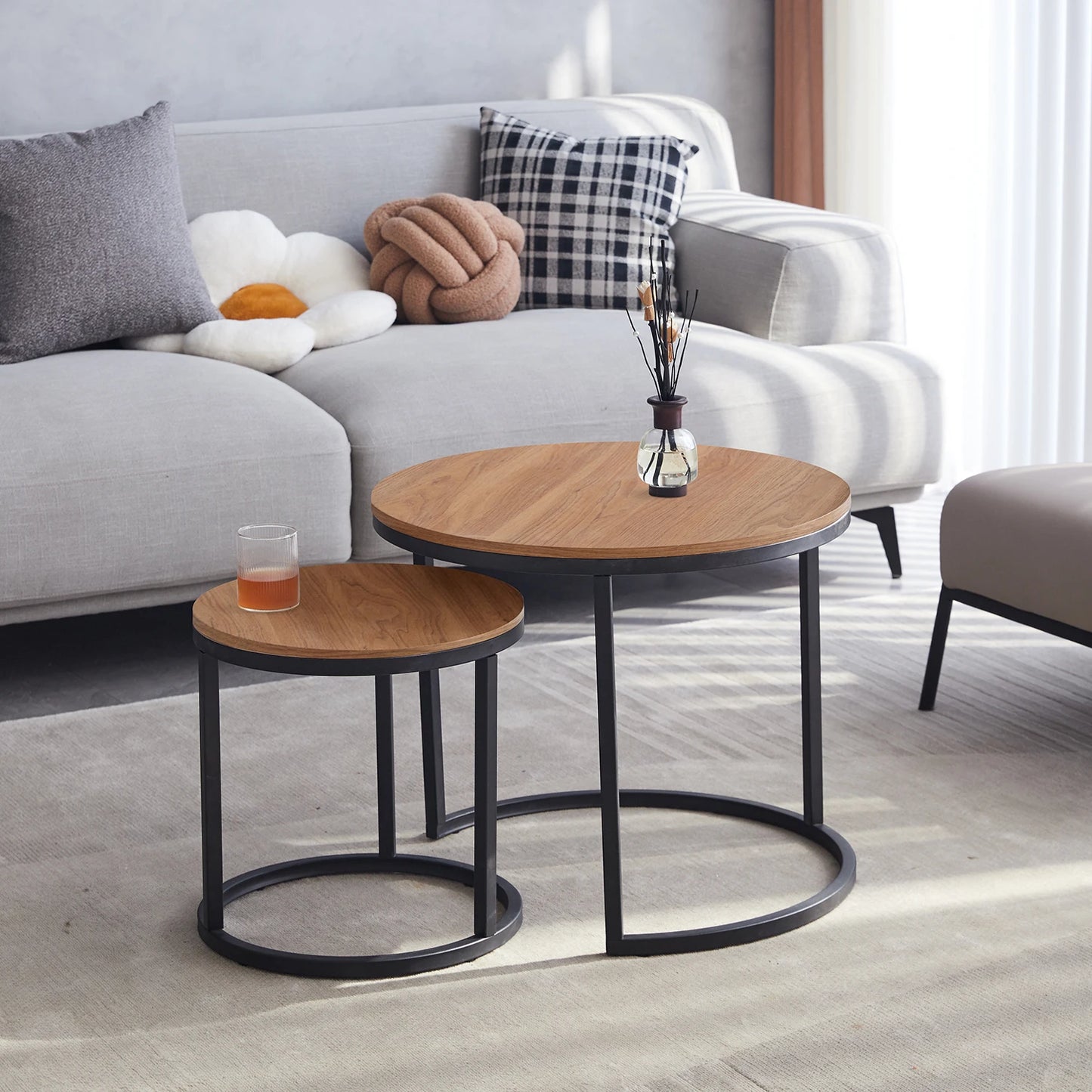 Maison Dualité: Nordic Round Nesting Coffee Table Set – Sculpted Elegance for Modern Interiors (2-in-1 Combo)
