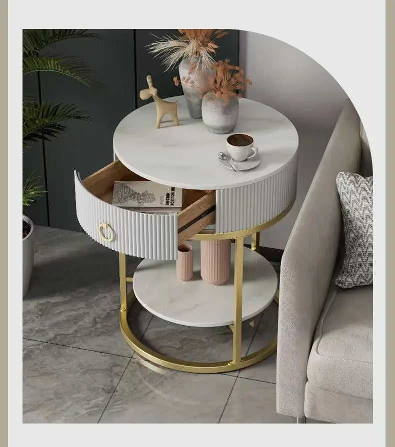 CelesteRound Modern Slate Nightstand – Minimalist Luxury Metal Side Table with Drawer for Bedroom & Living Elegance