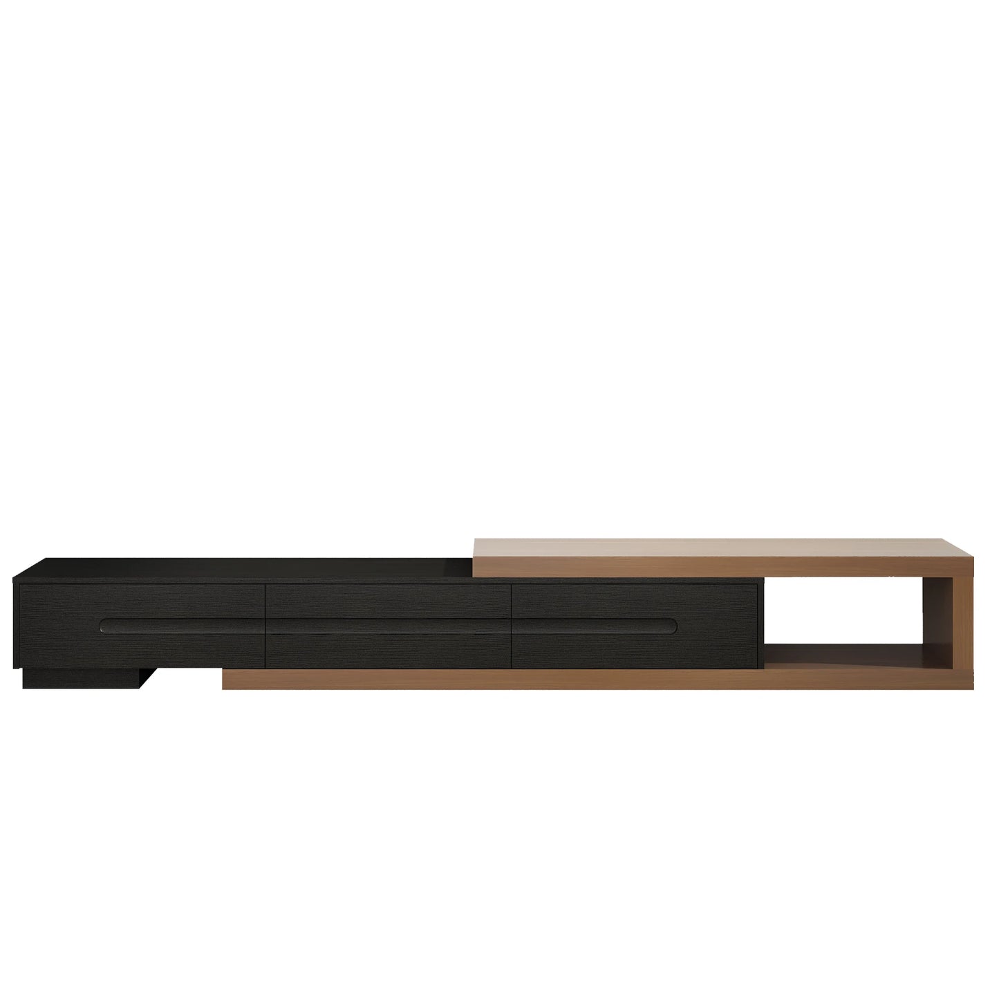 The Bonney Extendable Silhouette Media Console — 82–110” Modern Walnut & High-Gloss TV Stand with Reversible Design and 3 Hidden Drawers