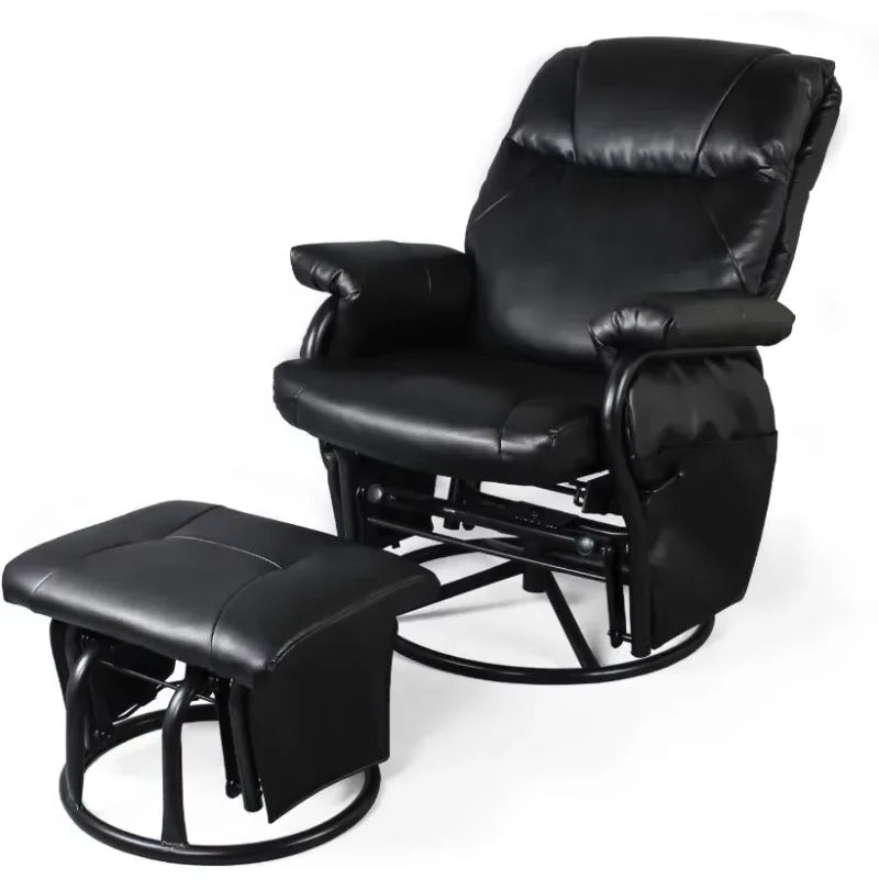 360° Recliner Chair with Ottoman – Black Faux Leather Modern Lounge Chair for Ultimate Relaxation