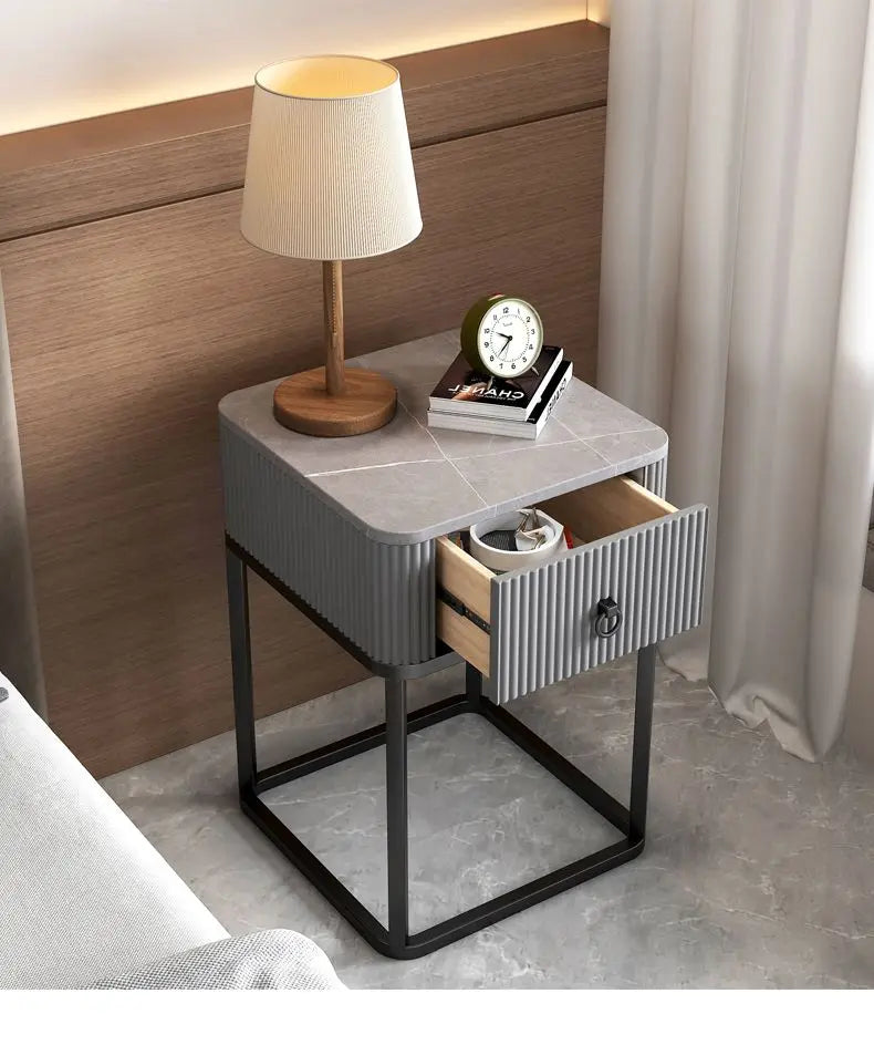 CelesteRound Modern Slate Nightstand – Minimalist Luxury Metal Side Table with Drawer for Bedroom & Living Elegance