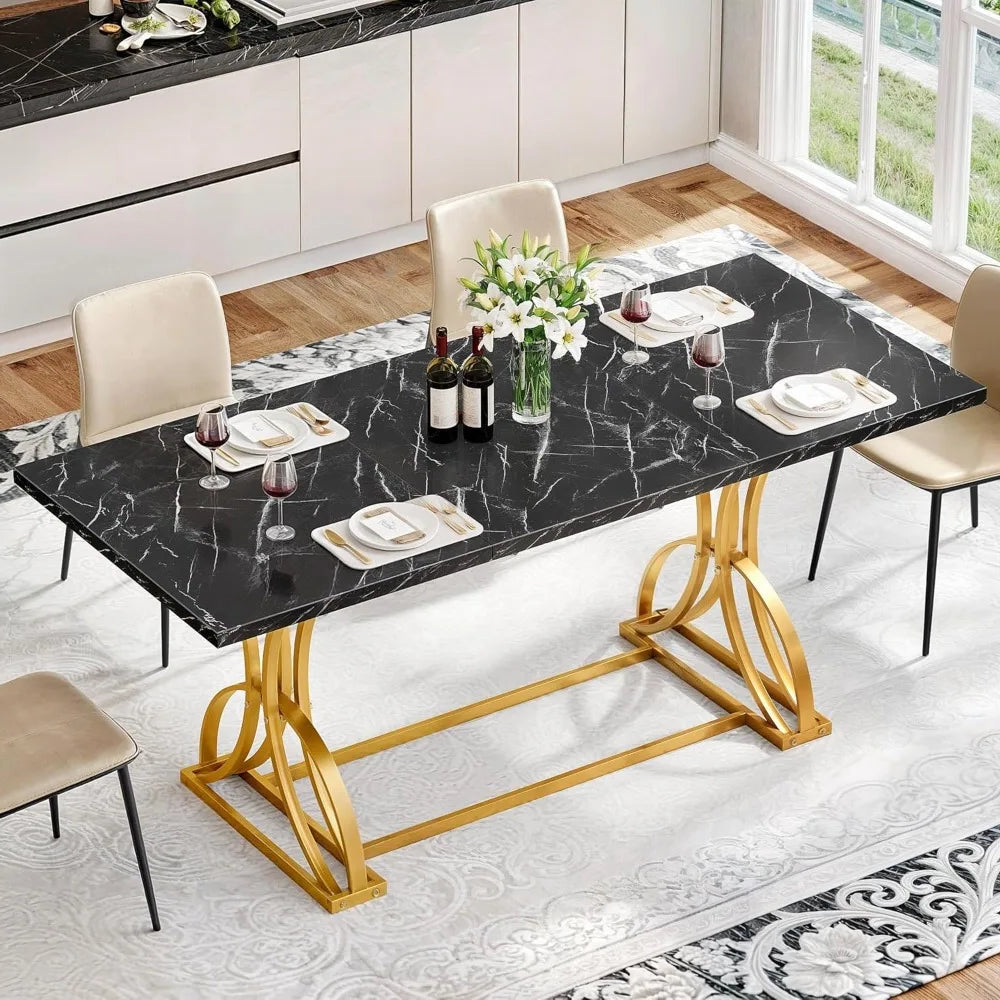 70.3" Modern Rectangular Dining Table – Faux Marble Top with Gold Geometric Metal Legs for 6-8 People