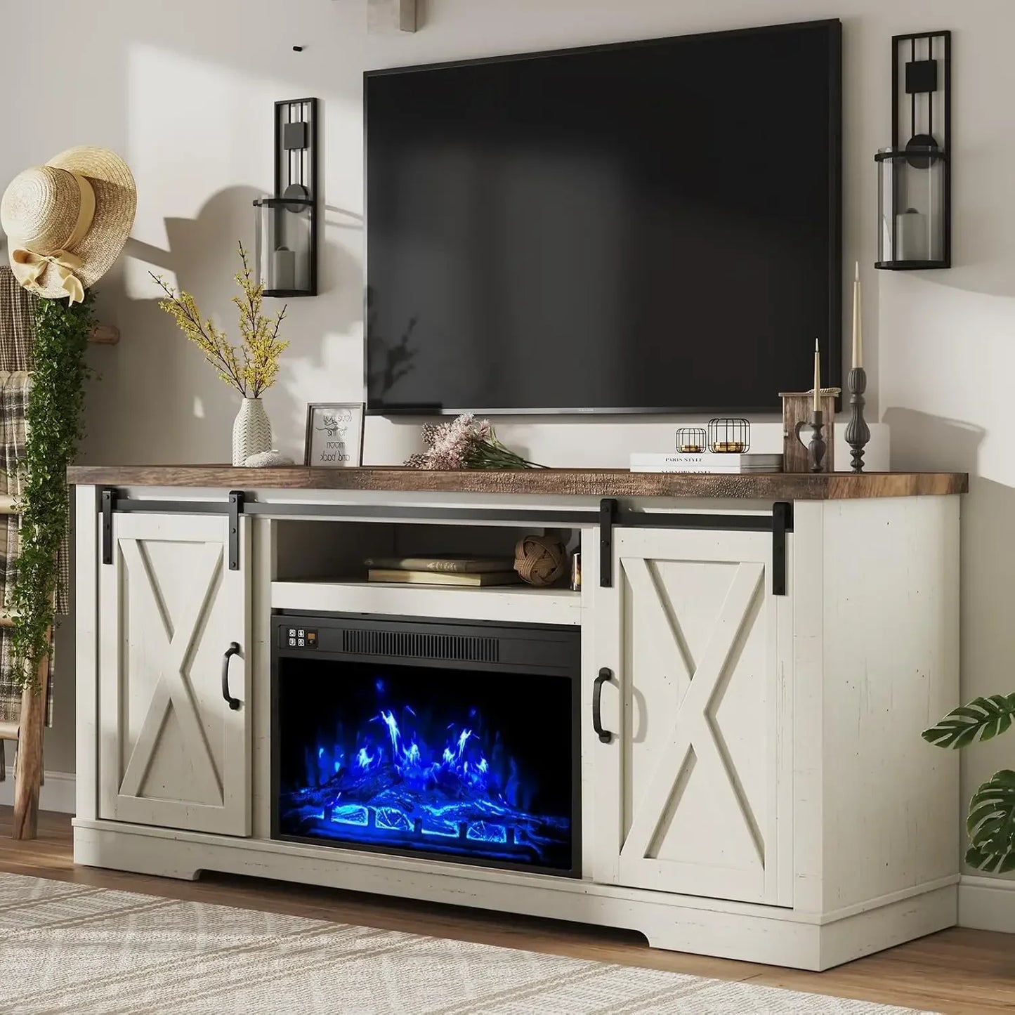 The House Of Bonney 63" Farmhouse Fireplace TV Stand with Storage Cabinets & Sliding Barn Doors