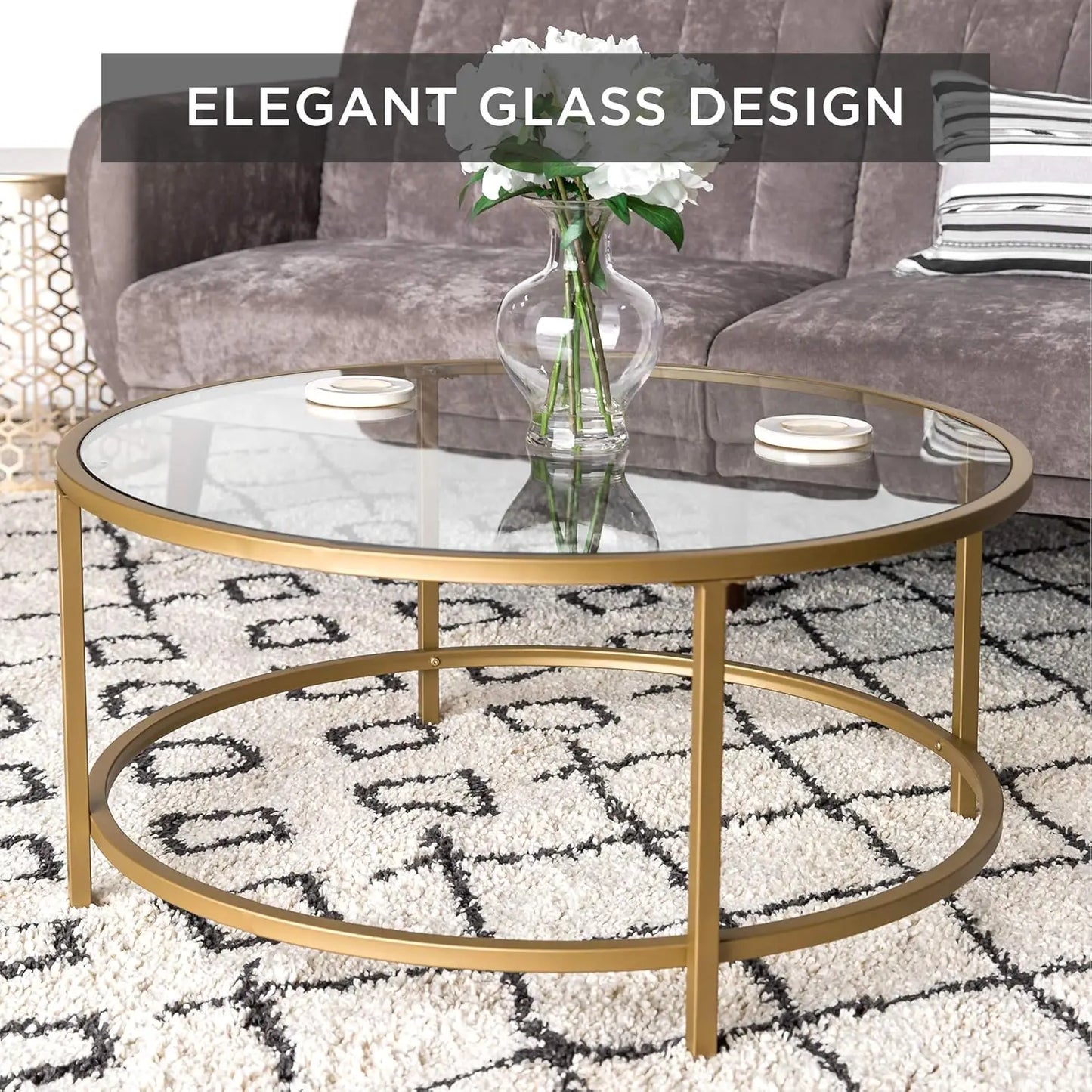 The Celeste Round Glass Coffee Table – Sleek Modern Elegance with Satin Metal Accents