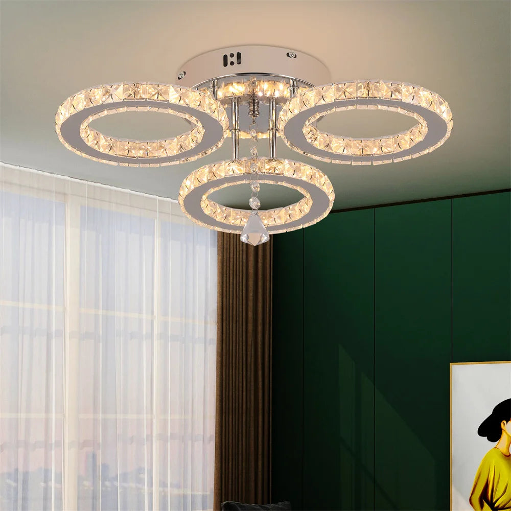 Celestia Luxe Crystal Chandelier – Modern App-Controlled Dimmable LED Ceiling Light with Polished Chrome Rings