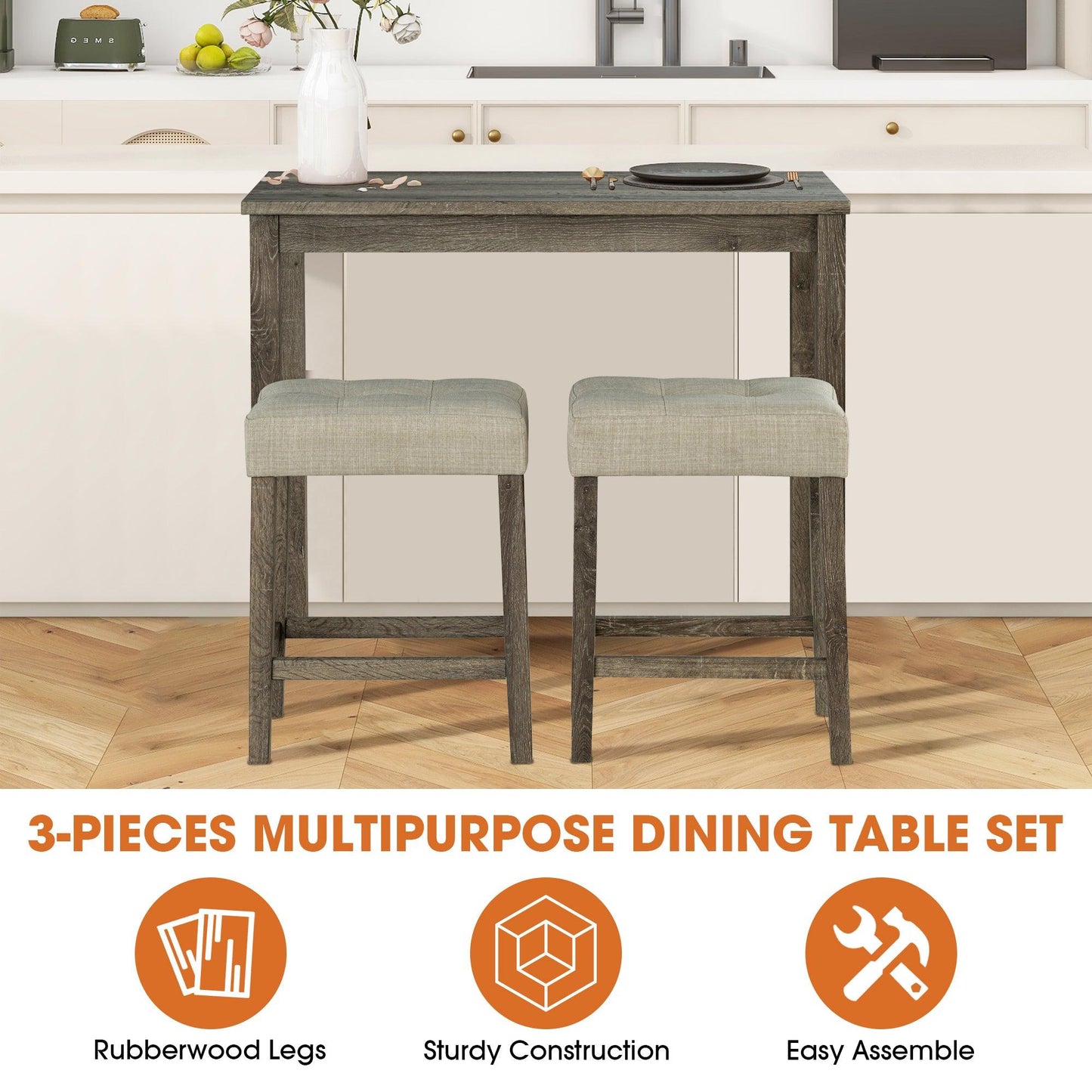 1 Traditional Breakfast Dining Table Set with 2 Stools for Apartment