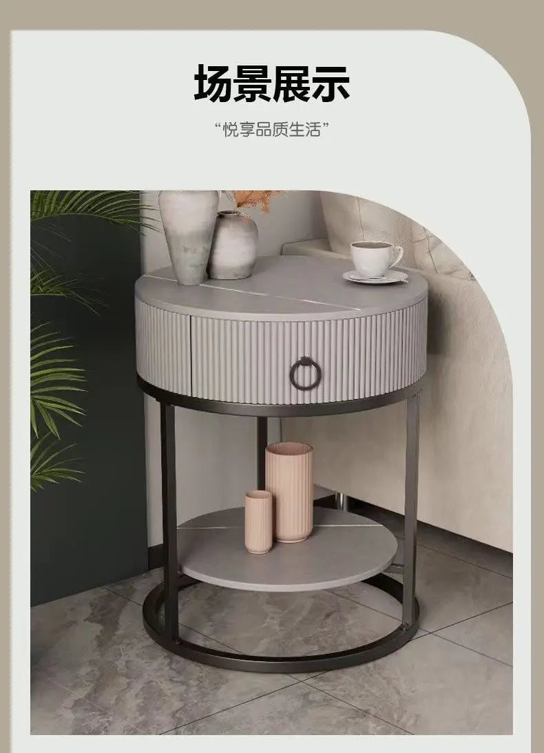 CelesteRound Modern Slate Nightstand – Minimalist Luxury Metal Side Table with Drawer for Bedroom & Living Elegance