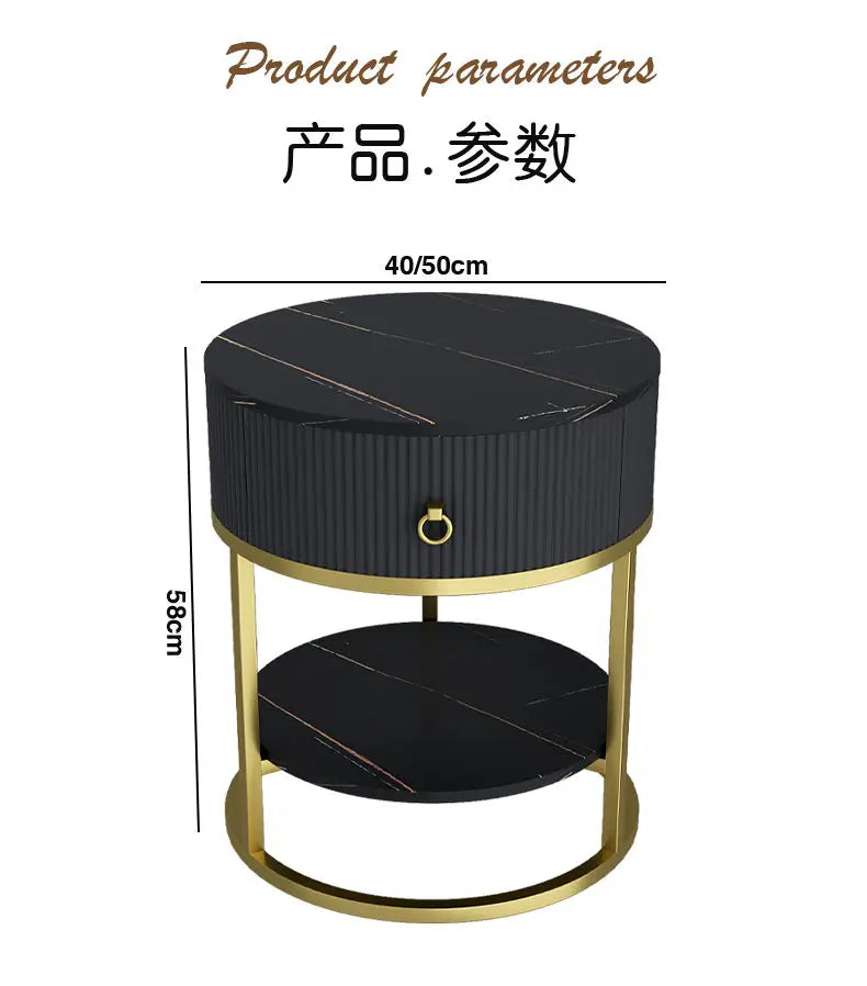 CelesteRound Modern Slate Nightstand – Minimalist Luxury Metal Side Table with Drawer for Bedroom & Living Elegance
