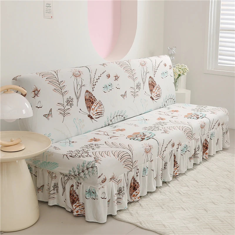 ✨ Maison Skirted Elegance – Print Armless Sofa Bed Cover with Chic Quilted Finish 🌸