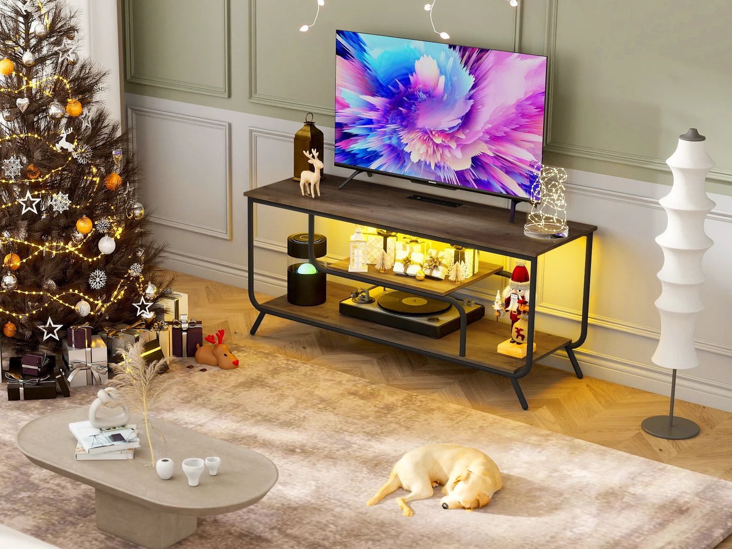 WhisperGlow Luxe TV Stand With Smart Power & Ambient LED Aura – Light Gray Serenity
