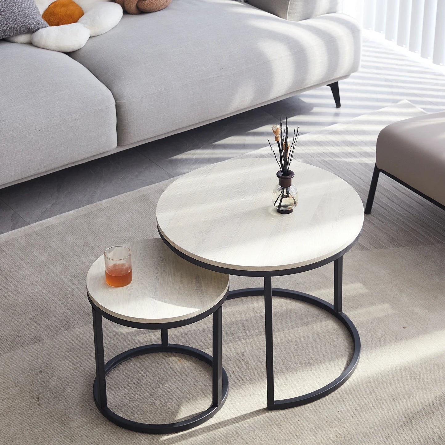 Maison Dualité: Nordic Round Nesting Coffee Table Set – Sculpted Elegance for Modern Interiors (2-in-1 Combo)