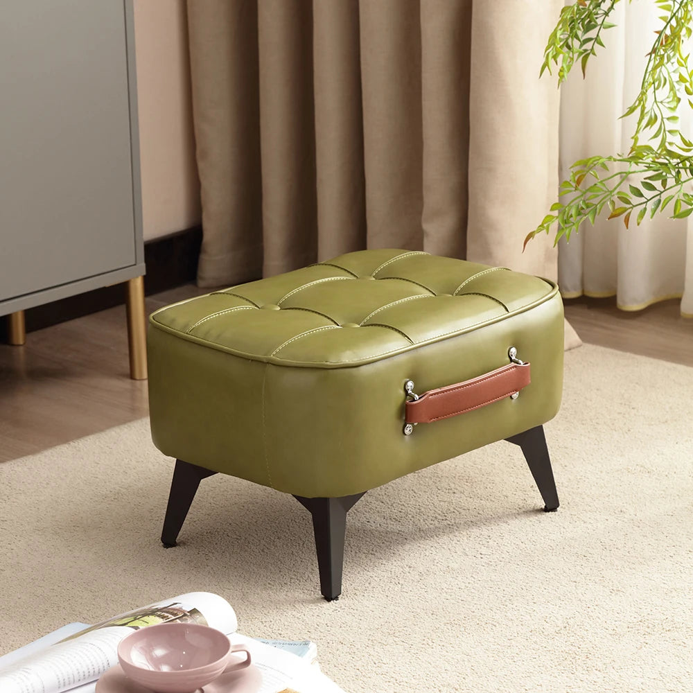 Bonney Luxe Ottoman — Modern Morocco Leather Accent Footstool with Metal Elegance & Wooden Core Design