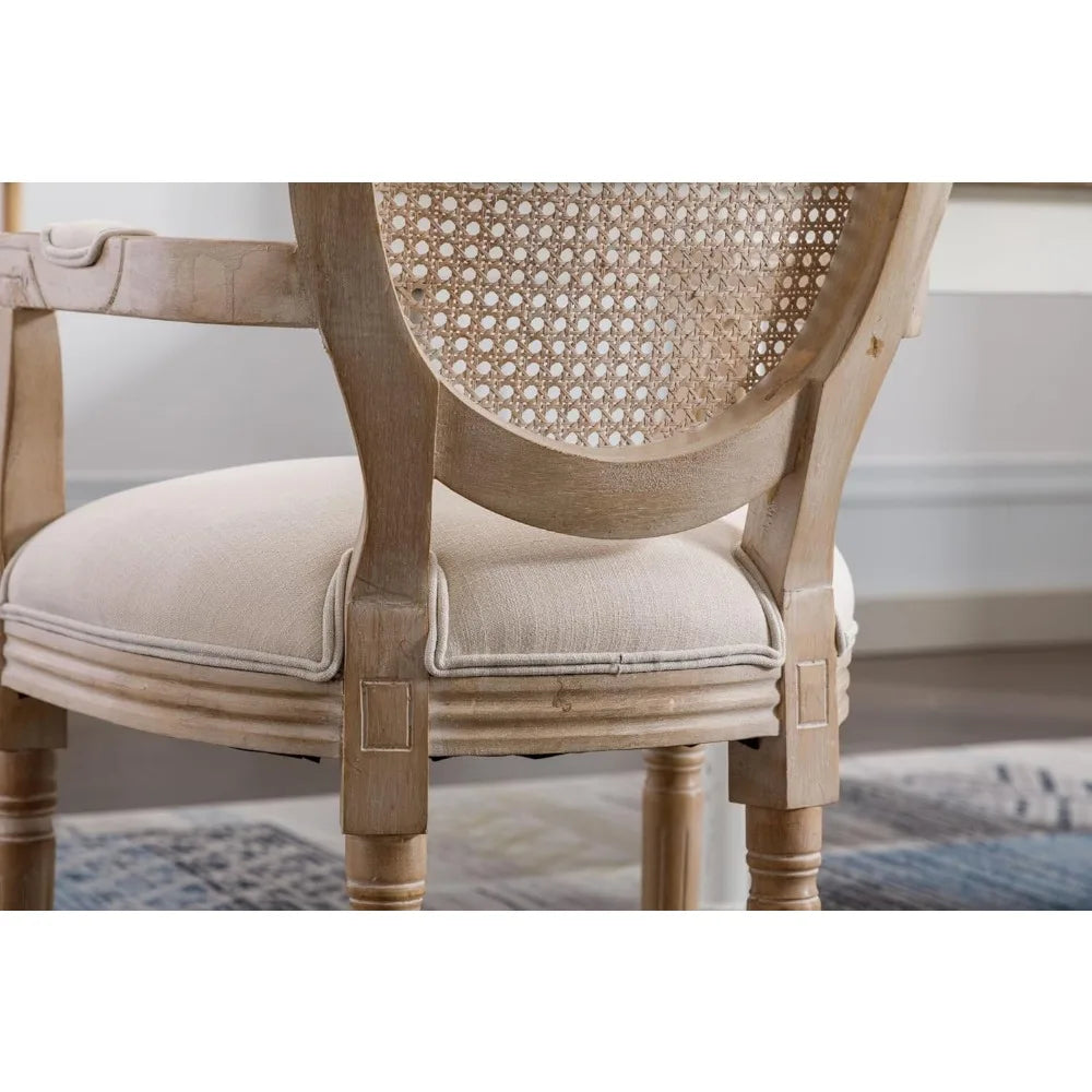 Chic French-Inspired Dining Chairs Set of 2 – Elegant Upholstered Linen & Rattan Back, Weathered Rubber Legs, Perfect for Dining & Living Spaces