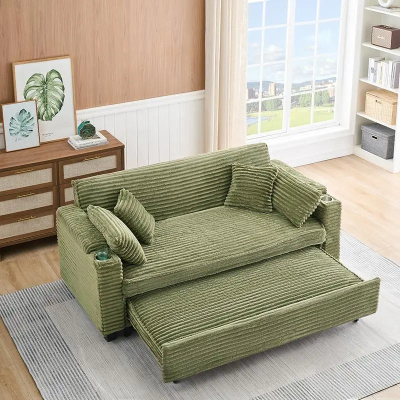 The Verona Fold: 80-Inch Expandable Corduroy Sofa Bed with Cup Holder – Deep Green Comfort for Modern Spaces