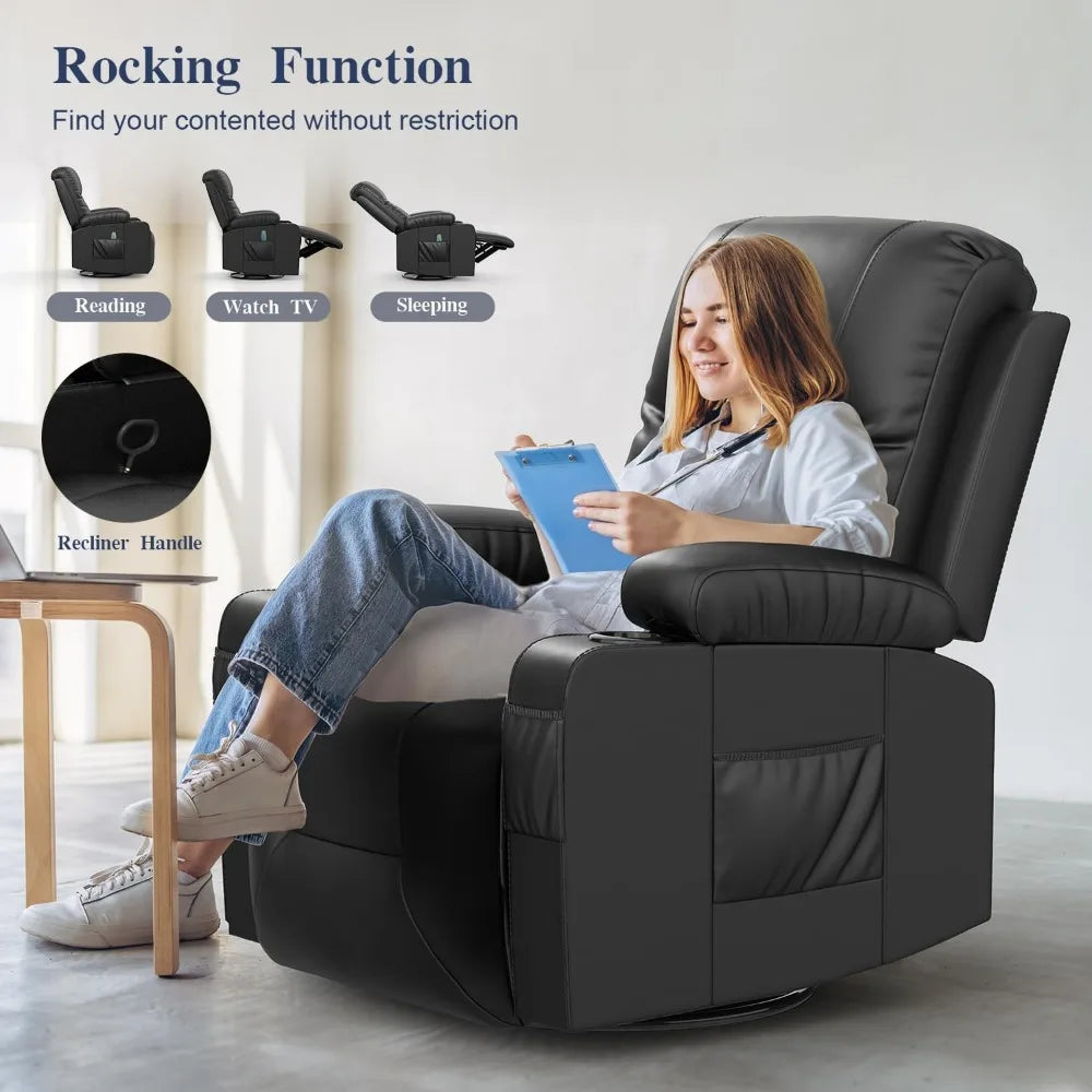 The Elysian Luxe 360° Swivel Recliner – Heated Massage Rocker Lounge Chair with Hidden Storage