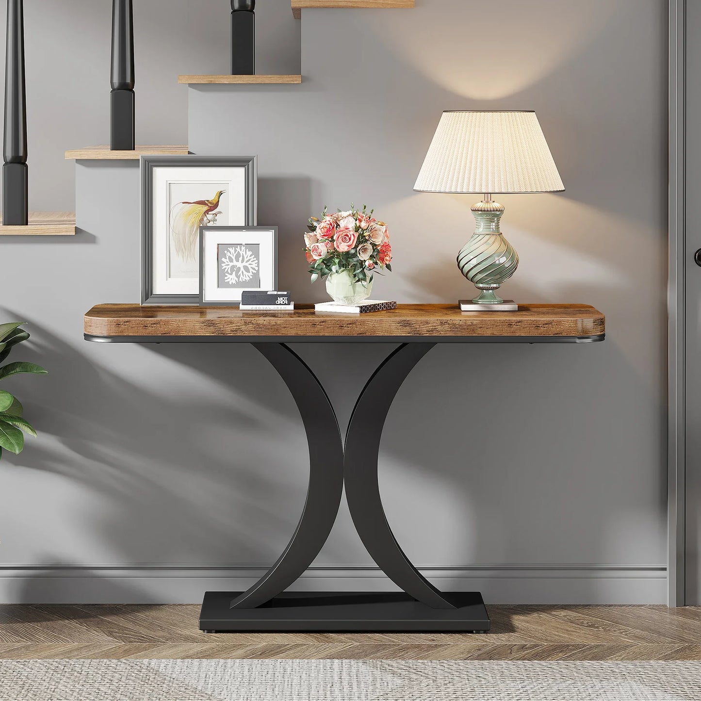 “Avenue Noir” Industrial Console Table — Geometric Iron Frame & Rustic Wood Grain Elegance for Hallway, Entryway, or Living Room