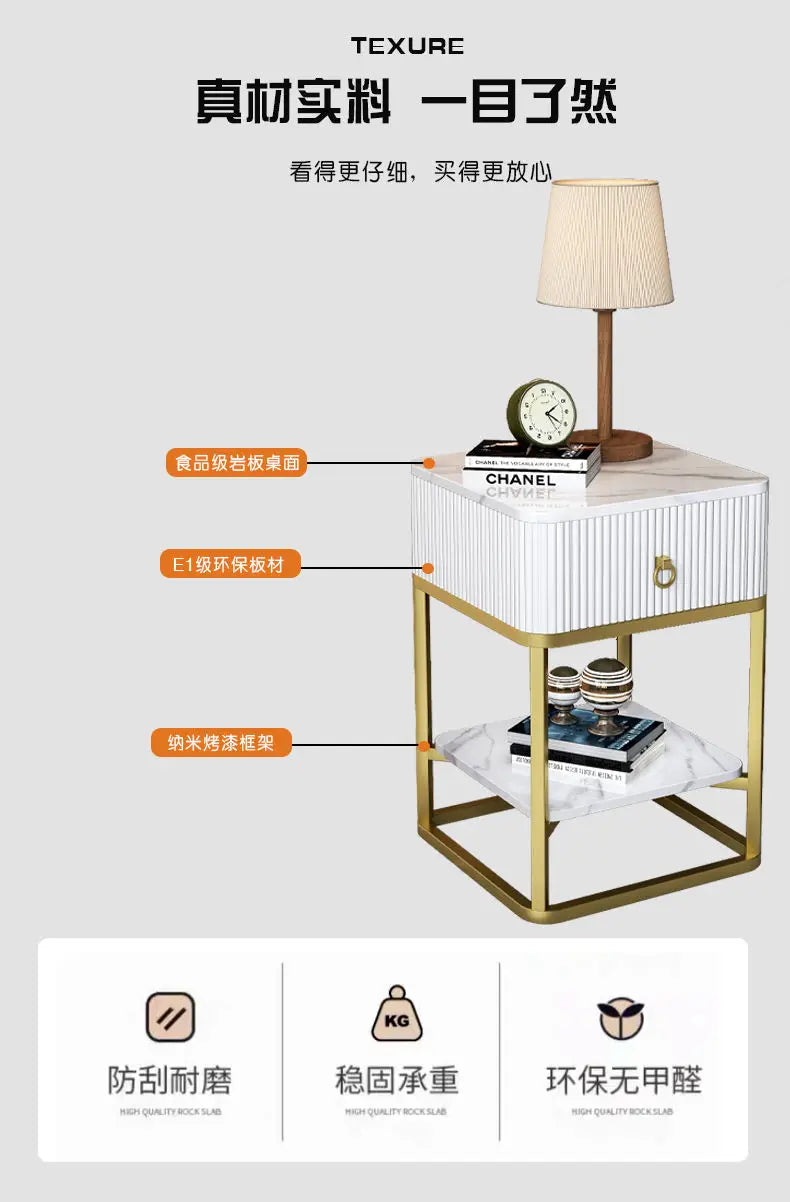 CelesteRound Modern Slate Nightstand – Minimalist Luxury Metal Side Table with Drawer for Bedroom & Living Elegance