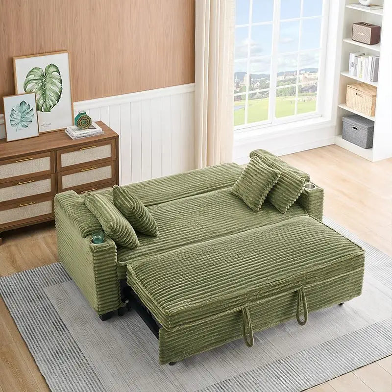 The Verona Fold: 80-Inch Expandable Corduroy Sofa Bed with Cup Holder – Deep Green Comfort for Modern Spaces
