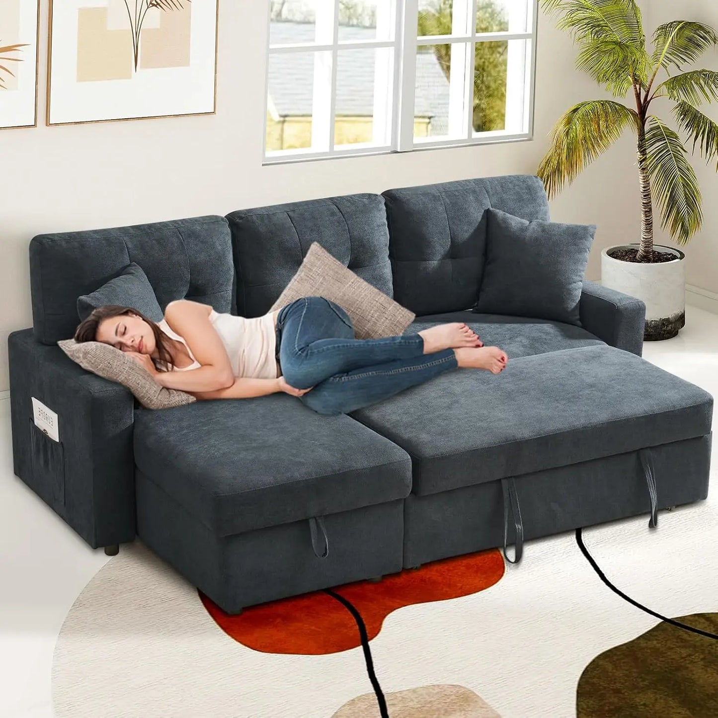 L-Shape Storage Sofa with Pull-Out Sleeper & USB/Type-C Charging – The House of Bonney