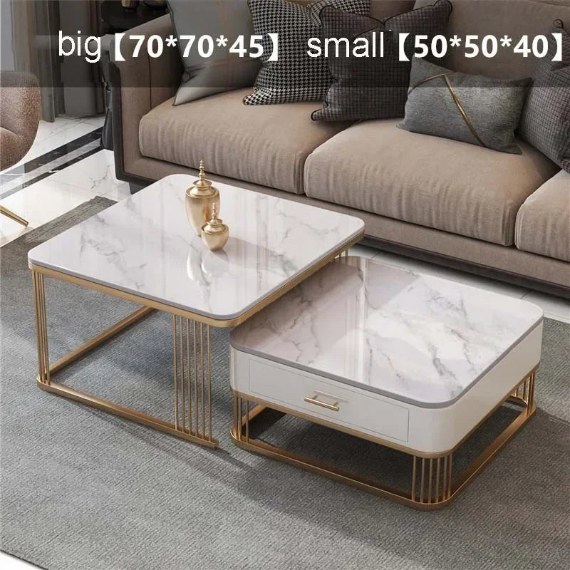 Dwyo Minimalist Square Coffee Table with Storage Drawers – Modern Light Luxury Rock Plate Living Room Table with Metal Frame