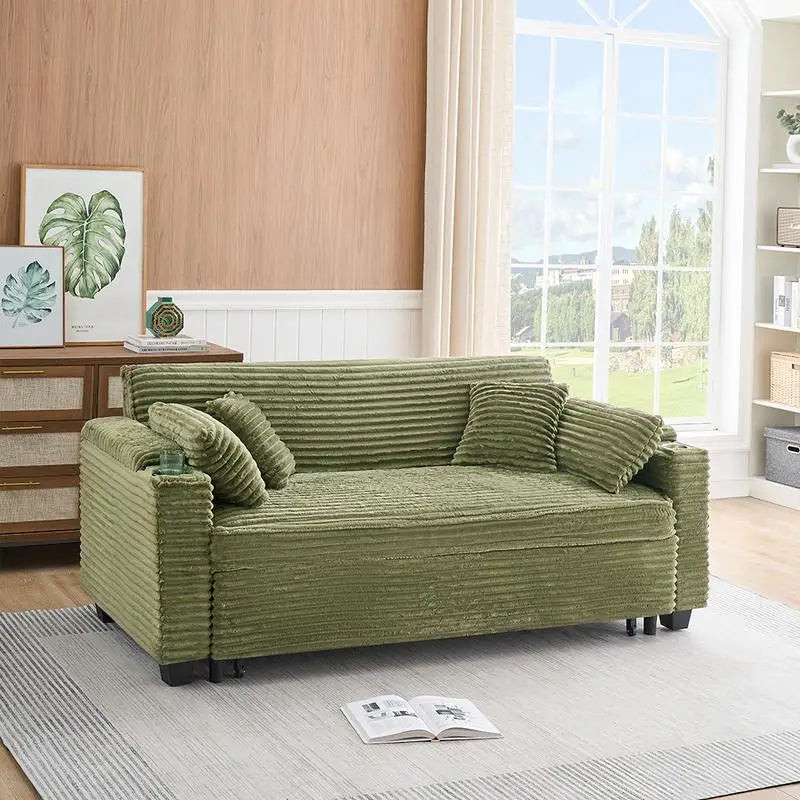 The Verona Fold: 80-Inch Expandable Corduroy Sofa Bed with Cup Holder – Deep Green Comfort for Modern Spaces