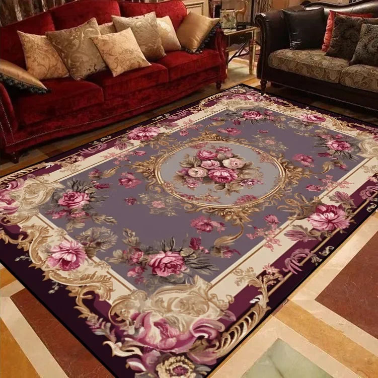 RoyalBloom Retro European Floral Rug – Soft Flannel Luxury Carpet for Living Room, Bedroom & Parlor Elegance