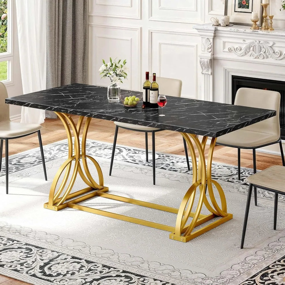 70.3" Modern Rectangular Dining Table – Faux Marble Top with Gold Geometric Metal Legs for 6-8 People