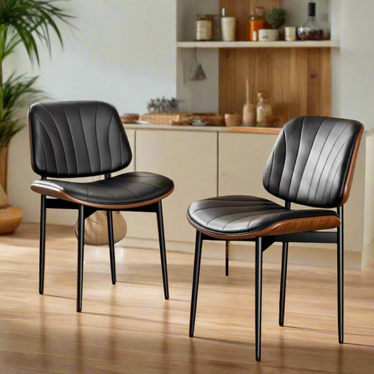 Mid-Century Modern Dining Chairs Set of 2 - Upholstered PU Leather with Walnut Backrest & Adjustable Metal Legs