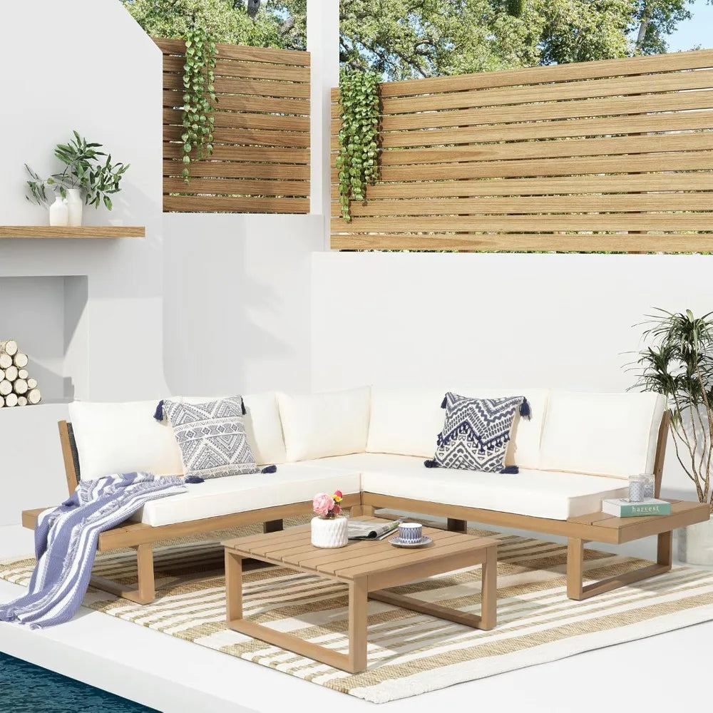 Solara Luxe Acacia Wood Outdoor Sectional – L-Shaped Patio Sofa Set with Built-in Side Tables & Coffee Table in Cream White