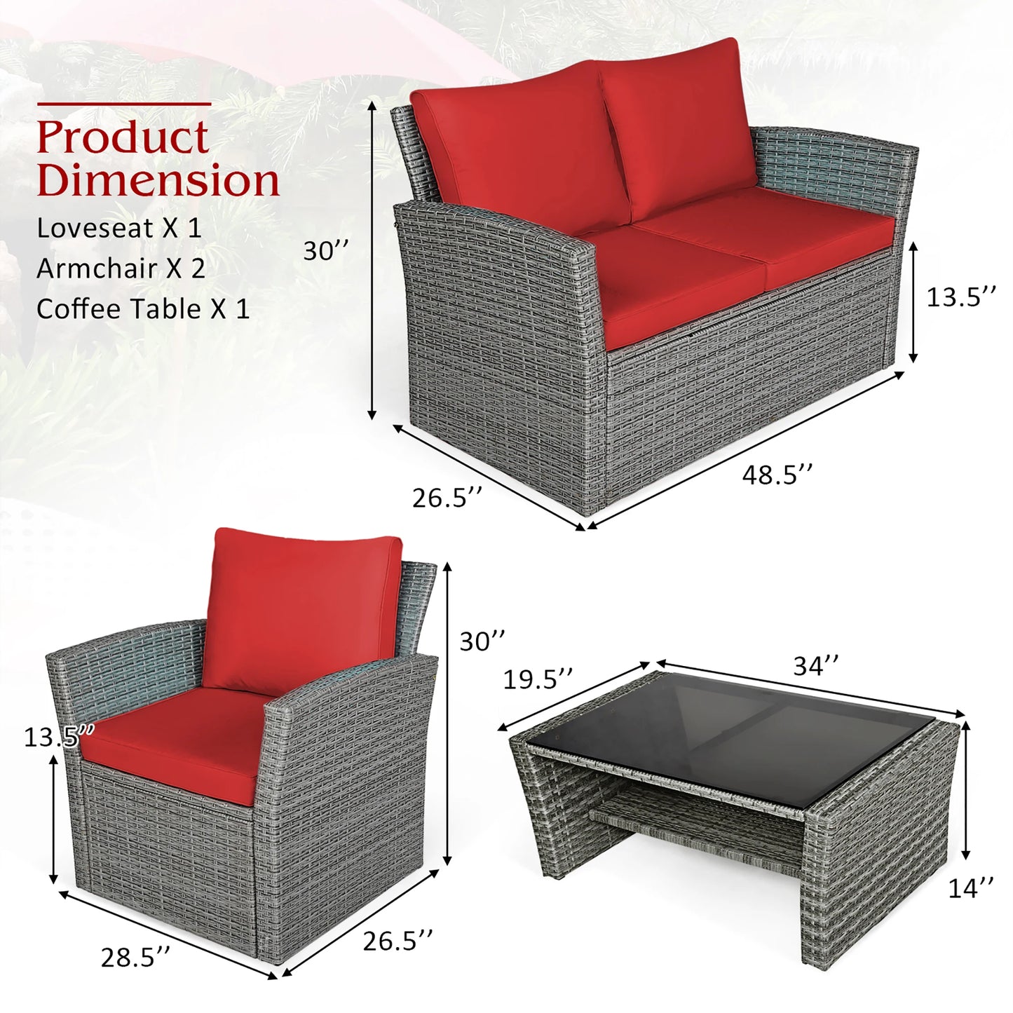 Maison Veranda: 4-Piece Rattan Conversation Set with Storage Coffee Table & Red Cushions