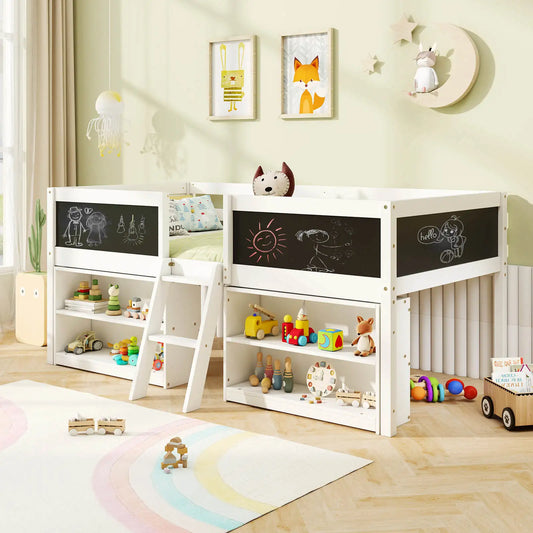 Homasis Twin Low Loft Bed With Ramp Ladder & Built-In Bookcases