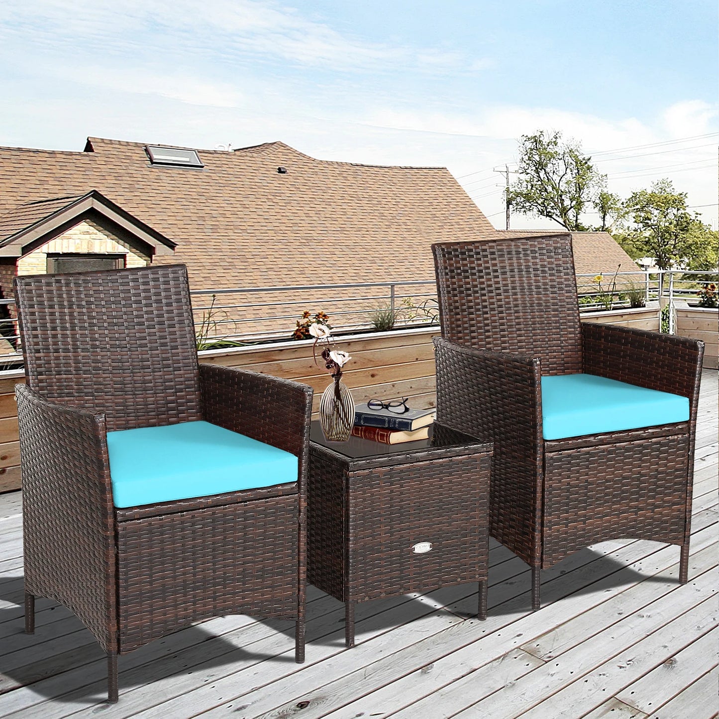 3PCS Patio Rattan Furniture Set Cushioned Sofa Glass Tabletop Deck Blue