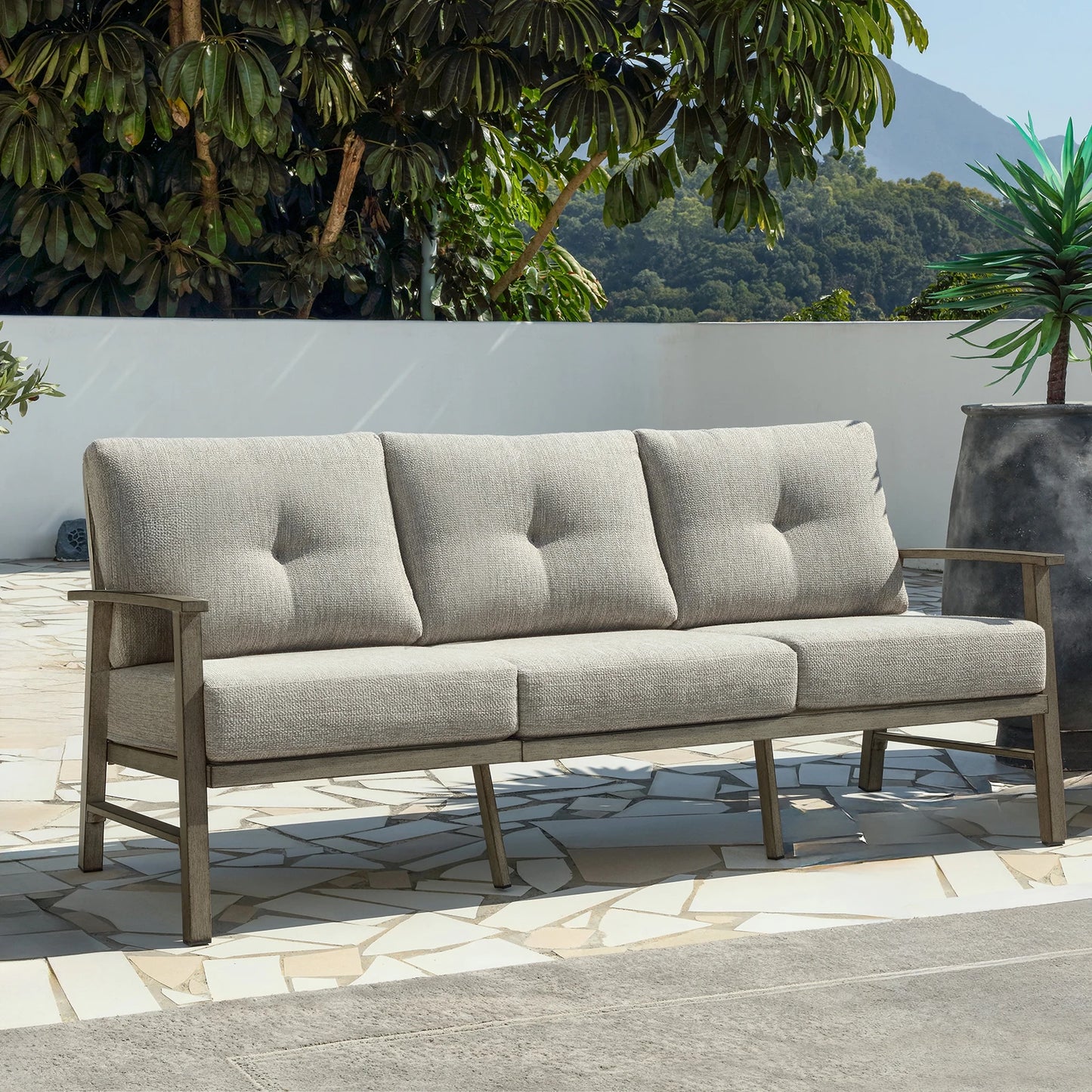 Seehill Limed Oak 3-Seater Outdoor Sectional Sofa – Modern Aluminum Patio Set for Garden, Lawn & Terrace Bliss