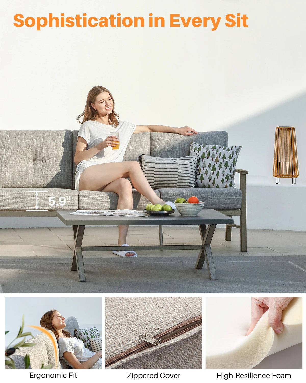 Seehill Limed Oak 3-Seater Outdoor Sectional Sofa – Modern Aluminum Patio Set for Garden, Lawn & Terrace Bliss